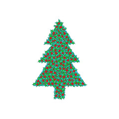 Holly tree clip-art. hand drawn background, design element for Christmas and New Year greeting card or banner. Holly with berry, isolated on white