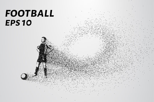 Football is a ball of particles. Silhouette of a football player consists of small circles.