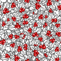 Sprig of Holly. hand drawn tileable background, design element for greeting card, fabric, wrapping paper. Holly with berry. Christmas and New Year seamless pattern, white, red and grey color