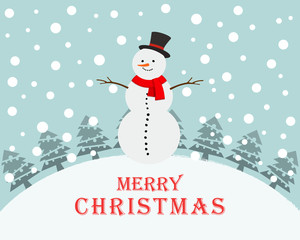 Christmas snowman on snowy landscape. Vector illustration.