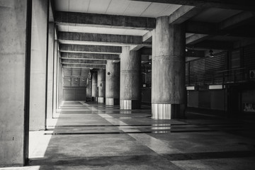 concrete building hall structure in dark vintage tone.