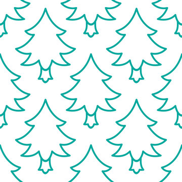 Doodle Christmas tree seamless pattern. Vector hand drawn design element for greeting card, fabric, wrapping paper. Green line tileable background on white