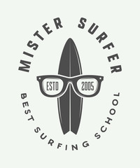 Vintage surfing logo, emblem, badge, label, mark. 