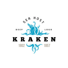 Giant evil kraken logo, silhouette octopus sea monster with tentacles - 123480539