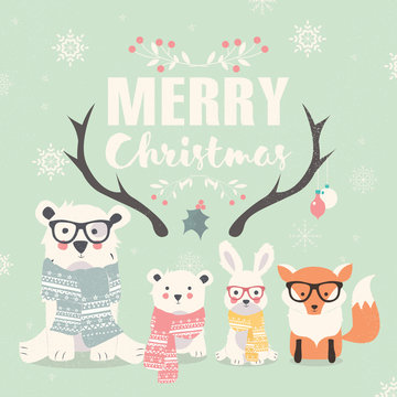 Merry Christmas lettering with hipster polar bears, fox and rabb