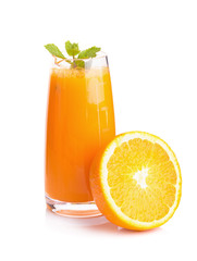 Orange juice and slices of orange isolated on white.