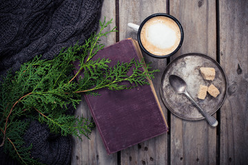 branch of spruce, warm sweater and cup  coffee with sugar