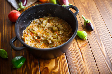eggplant caviar in a pan with vegetables