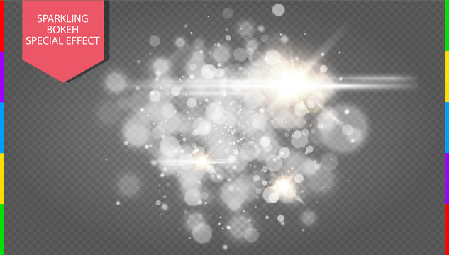 Abstract white bokeh effect explosion with sparks modern design. Glow star burst or firework light effect. Sparkles light vector transparent background. Christmas Concept. Flicker magic effect.