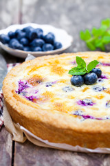 Cheesecake  with blueberry and mint. Summer dessert