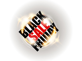 Black friday sale banner on white background with golden ring and light effect flare. Vector illustration.