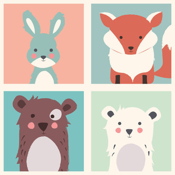 Collection of cute forest and polar animals with baby cubs, incl