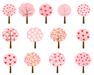 Pink vector trees with flowers and hearts