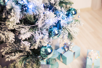 Closeup of Christmas tree decorations.