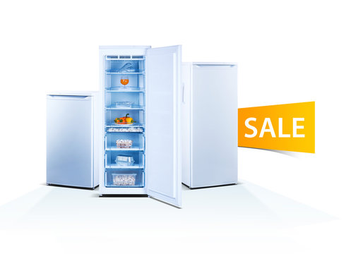 Three freezers on white background, open door, front view, with food, isolated, ecology, sale word