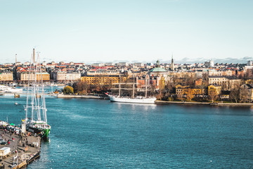Fototapeta premium Boats and Buildings of Stockholm, Sweden