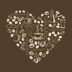 Heart shape filled by hand drawn coffee doodles isolated on brown background. Coffee cup, cezve, beans, leaves symbols and lettering. Sketchy vector eps8 illustration.