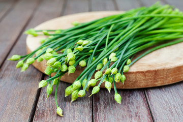 Chives flower, Garlic chives or Chinese Chive. - obrazy, fototapety, plakaty