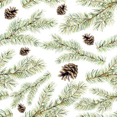 Watercolor christmas tree branch witn cones pattern. New year tree seamless ornament for design, print or background