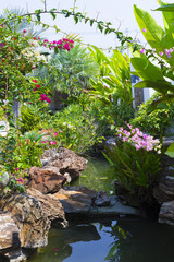 Summer tropical landscape with garden in bloom