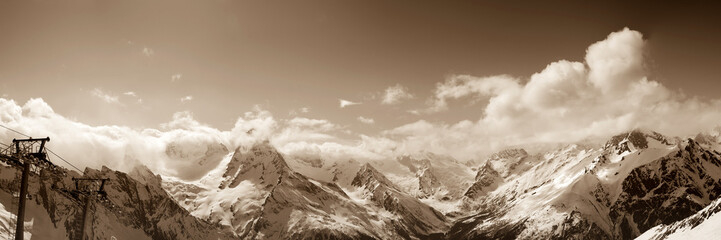 Panoramic view from ski resort in winter sun day