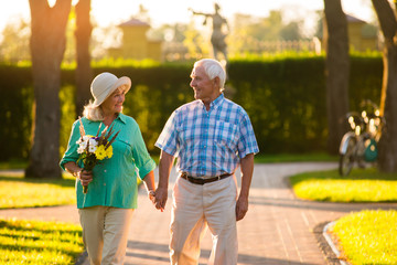 Senior couple on park background. People holding hands and walking. I'm drowning in your eyes....