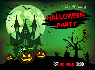 Invitation to a Halloween party, pumpkin, illustration, poster, greeting card on a green background.