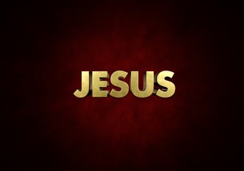 The word "JESUS" written in vintage metal letter press type in a red background