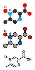 Acipimox hypertriglyceridemia drug molecule. Stylized 2D renderings and conventional skeletal formula.