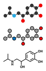 Isoprenaline (isoproterenol) drug molecule. Stylized 2D renderings and conventional skeletal formula. Used in treatment of bradycardia, heart block and asthma.