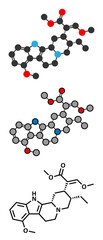 Mitragynine molecule. Stylized 2D renderings and conventional skeletal formula. Herbal alkaloid present in kratom (ketum, Mitragyna speciosa).