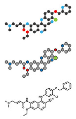 Neratinib breast cancer drug molecule. Stylized 2D renderings and conventional skeletal formula.
