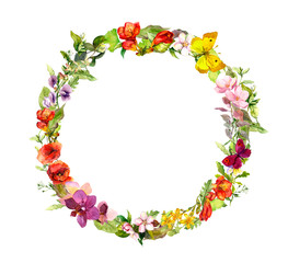 Floral wreath. Summer meadow flowers, butterflies. Vintage ditsy watercolor