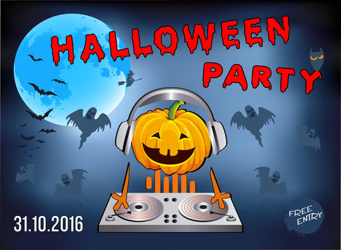 Invitation to a Halloween party, pumpkin DJ, illustration, poster, greeting card on blue background.