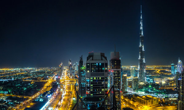 Panorama of Dubai at night