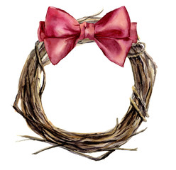 Watercolor hand painted christmas wreath of twig with pink bow. Wood wreath for design, print or background