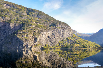 perfect reflection of mountains in clear fjord
