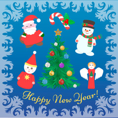 Happy New Year Card Santa, Angel, Staff, Snowman and New Year Tr