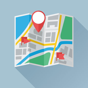 Folding paper city map with location mark and flag labels. Colored flat icon. Vector eps8 illustration.