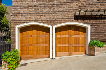 Fragment of a luxury house with double garage door in Vancouver, Canada.
