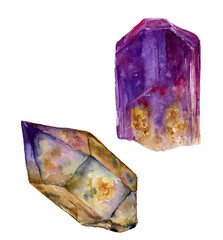 Watercolor violet gem set. Amethyst and rauchtopaz stones isolated on white background. For design, prints or background