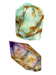 Watercolor gem stones set. Jade turquoise and rauchtopaz stones isolated on white background. For design, prints or background