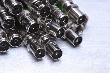 Group of coaxial tv connectors close up
