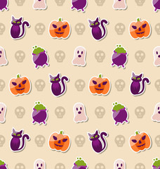 Halloween Seamless Texture with Colorful Flat Icons