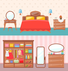 Flat design bedroom interior.  illustration. Modern furniture, bunk bed, carpet, table lamp. Baby room with toys.
