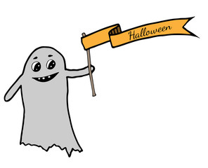 Cute ghost gets a ribbon with inscription Halloween