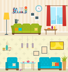Set of Interiors of Living Rooms. Decoration of Modern Apartments