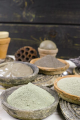 Ancient minerals - black, green, blue clay powder and mud mask for spa