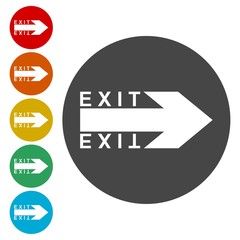 Emergency exit with arrow sign. Icons in circles. 