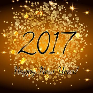 Gold glitter Happy New Year 2017 background. Vector background.Glittering texture. Sparkles with frame. Design element for festive banner, card, invitation. Greeting illustration for Xmas.